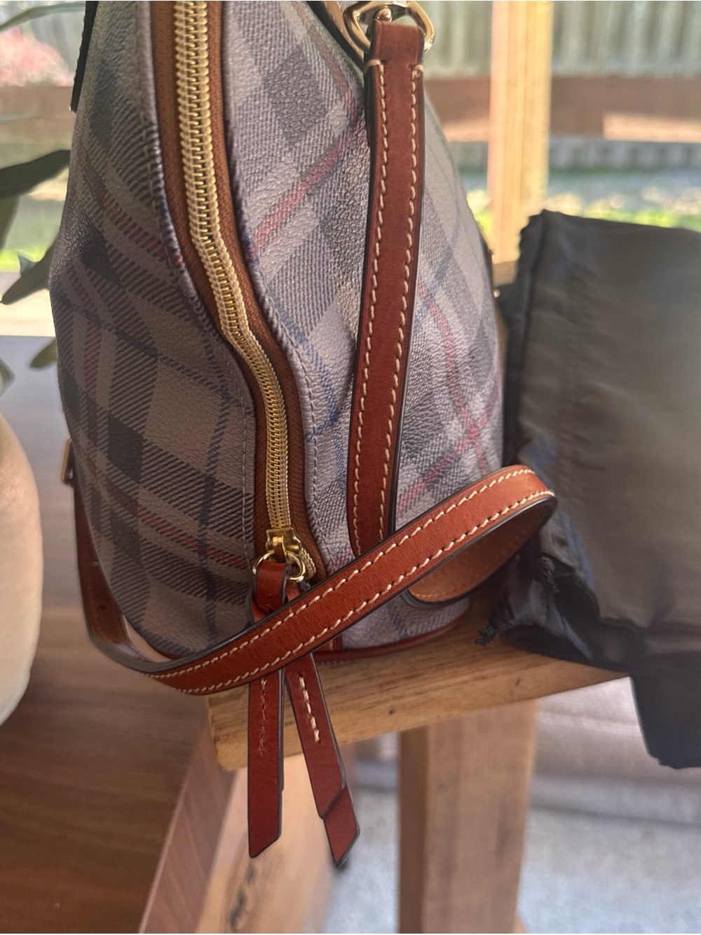 Dooney & Bourke Tiverton Gray Plaid Satchel with Brown Leather Trim. Dust bag. - Picture 5 of 14
